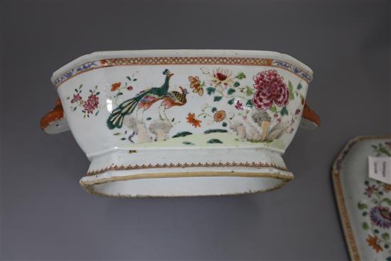 A Chinese export famille rose double peacock soup tureen and cover, Qianlong period, W. 34.5cm